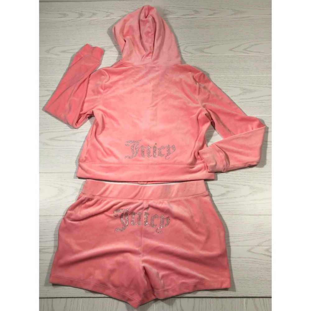 Juicy Couture Bling Logo Jacket & Shorts Set Womens L Flamingo Pink Velour New
